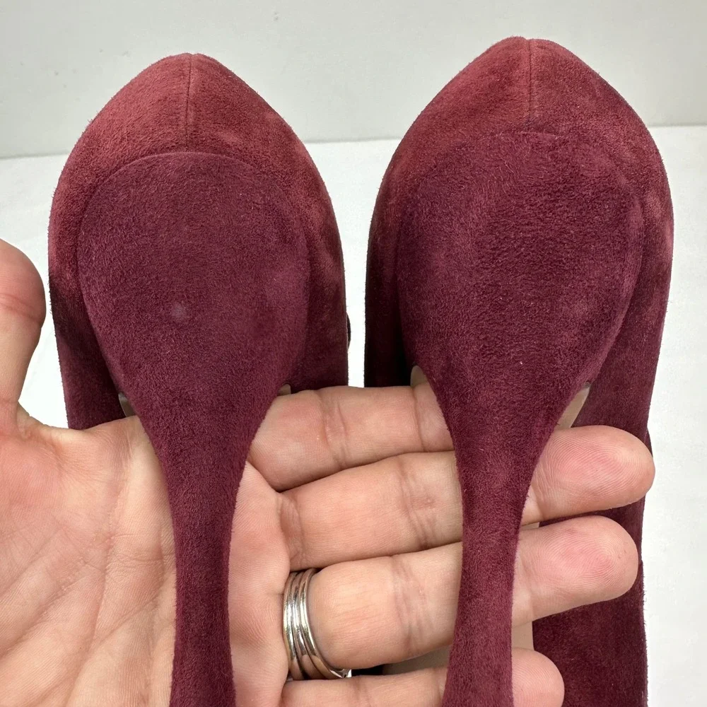Prada Burgundy Suede Double Strap Mary Jane Peep Toe Platform Heels Size 37.5